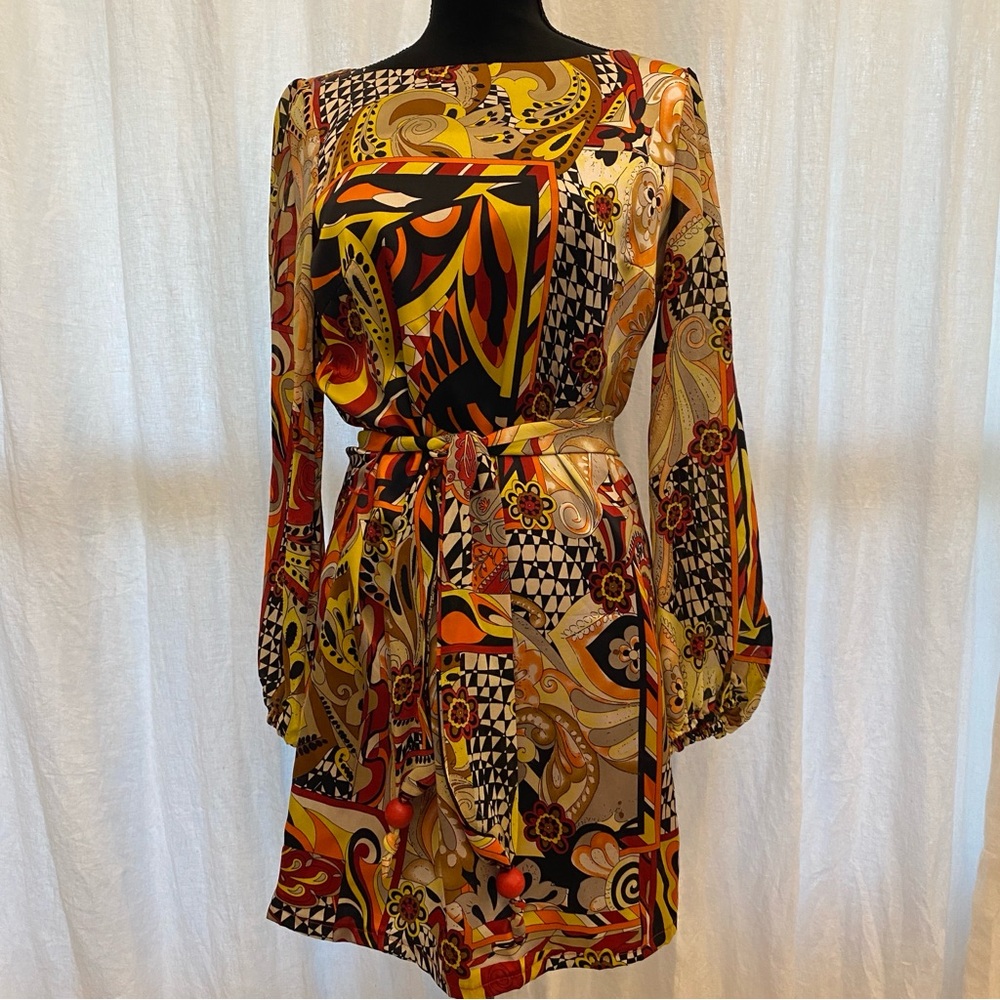 Single Dress Multicolor Graphic Dress, 100% Silk, 60s/70s Style, Vintage, Belted